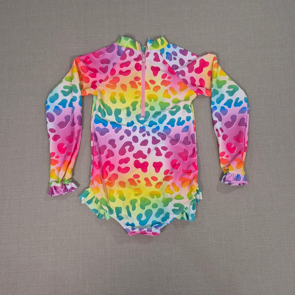 Girls Rainbow Leopard Long Sleeve Rash Guard Swimsuit Size 130
